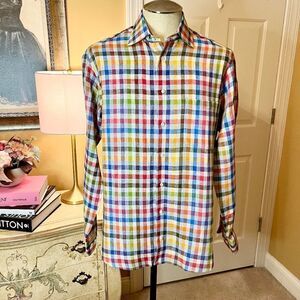 Men's St. Croix Colorful Plaid Linen Button Front Shirt Size MEDIUM 15 / 15.5